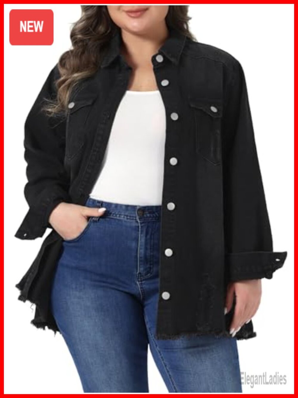 Plus Size Denim Jacket Oversized Long Trench Coat Ripped Raw Hem